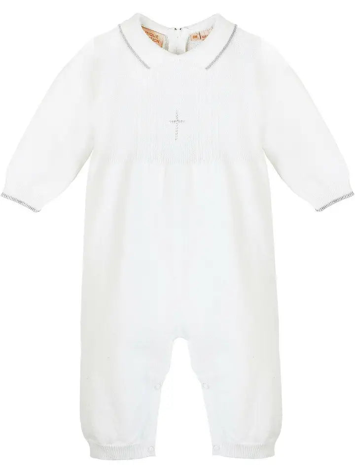 *PREORDER* Baby Boy Knit Pearl Silver Cross Outfit + Bonnet