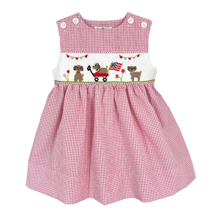 Patriotic Dog Parade Hand Picture Smocked Dress