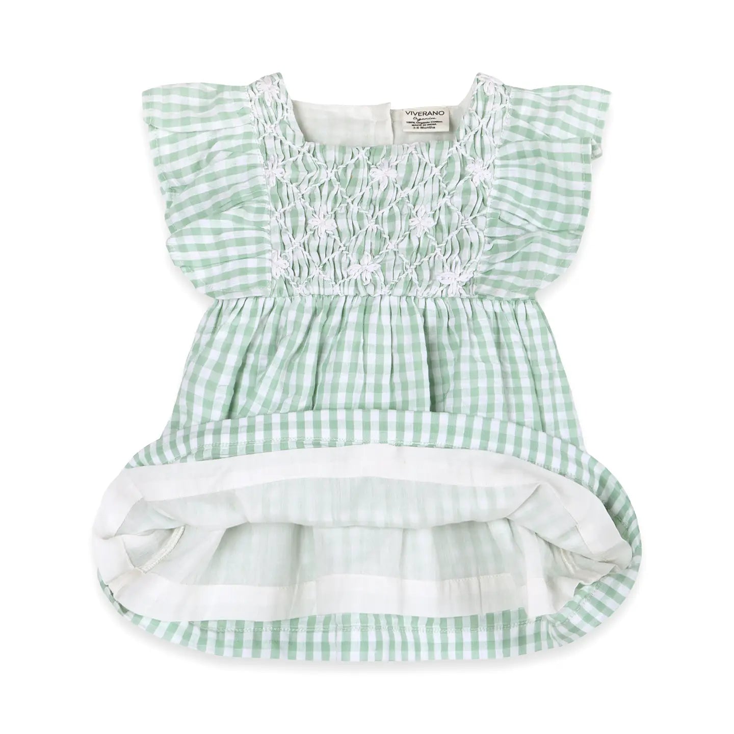Green and white checkered baby romper on a white background