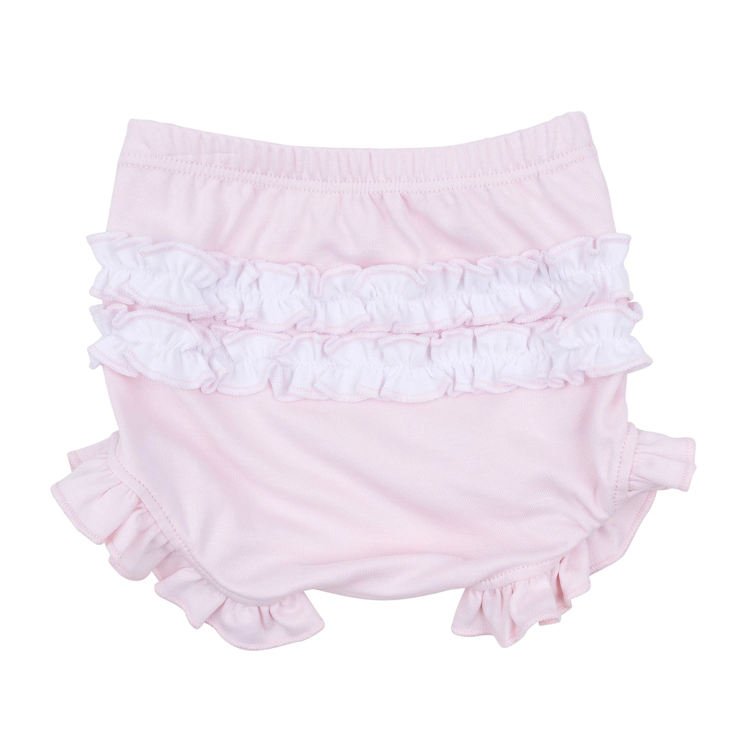 Pink baby bloomers with white ruffles on a white background