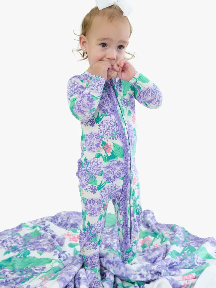 Purple Hydrangea Garden Footed Ruffle One Piece Pajama