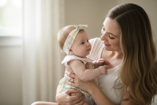 Floral baby romper with matching headband on a white background