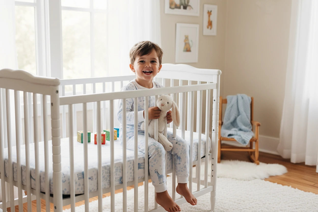 Children's onesie with long-sleeve top and pants featuring a blue pattern on a white background