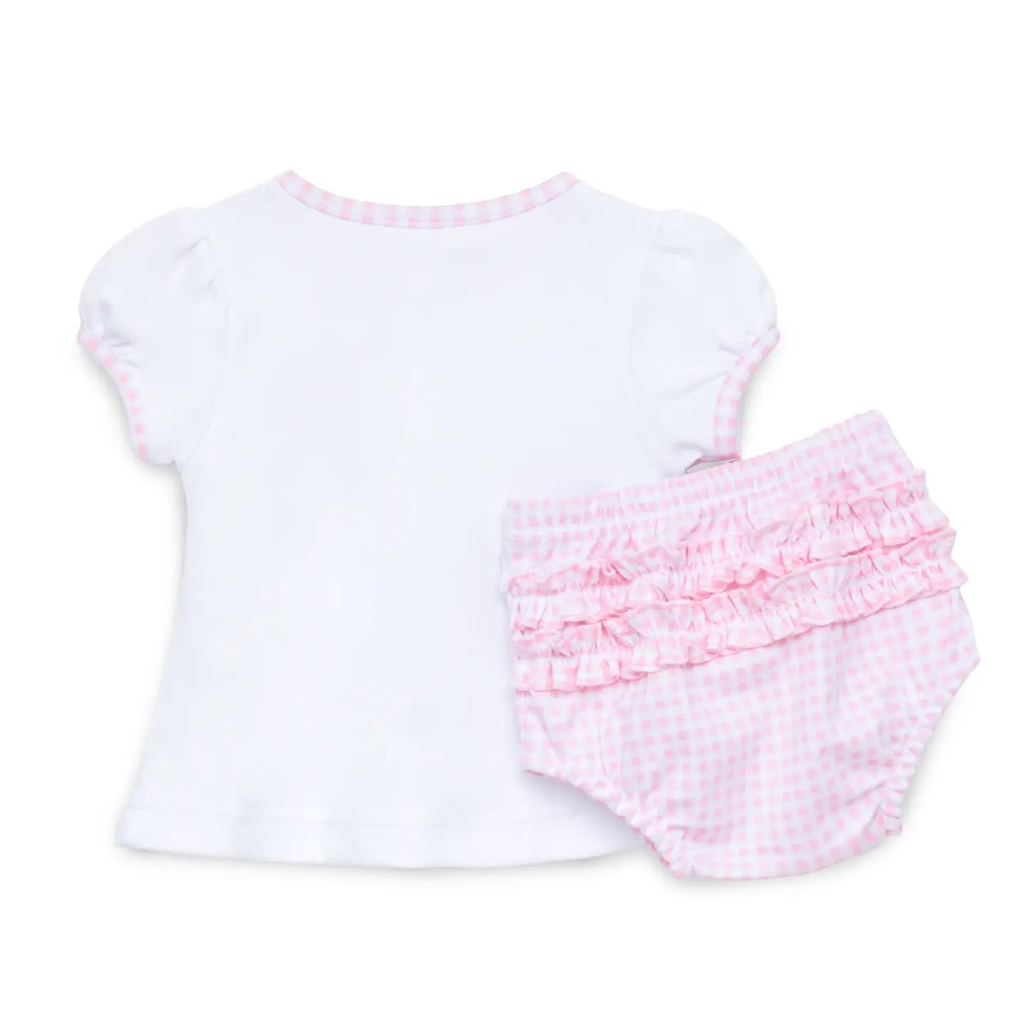 White baby top and pink checkered diaper set on a white background