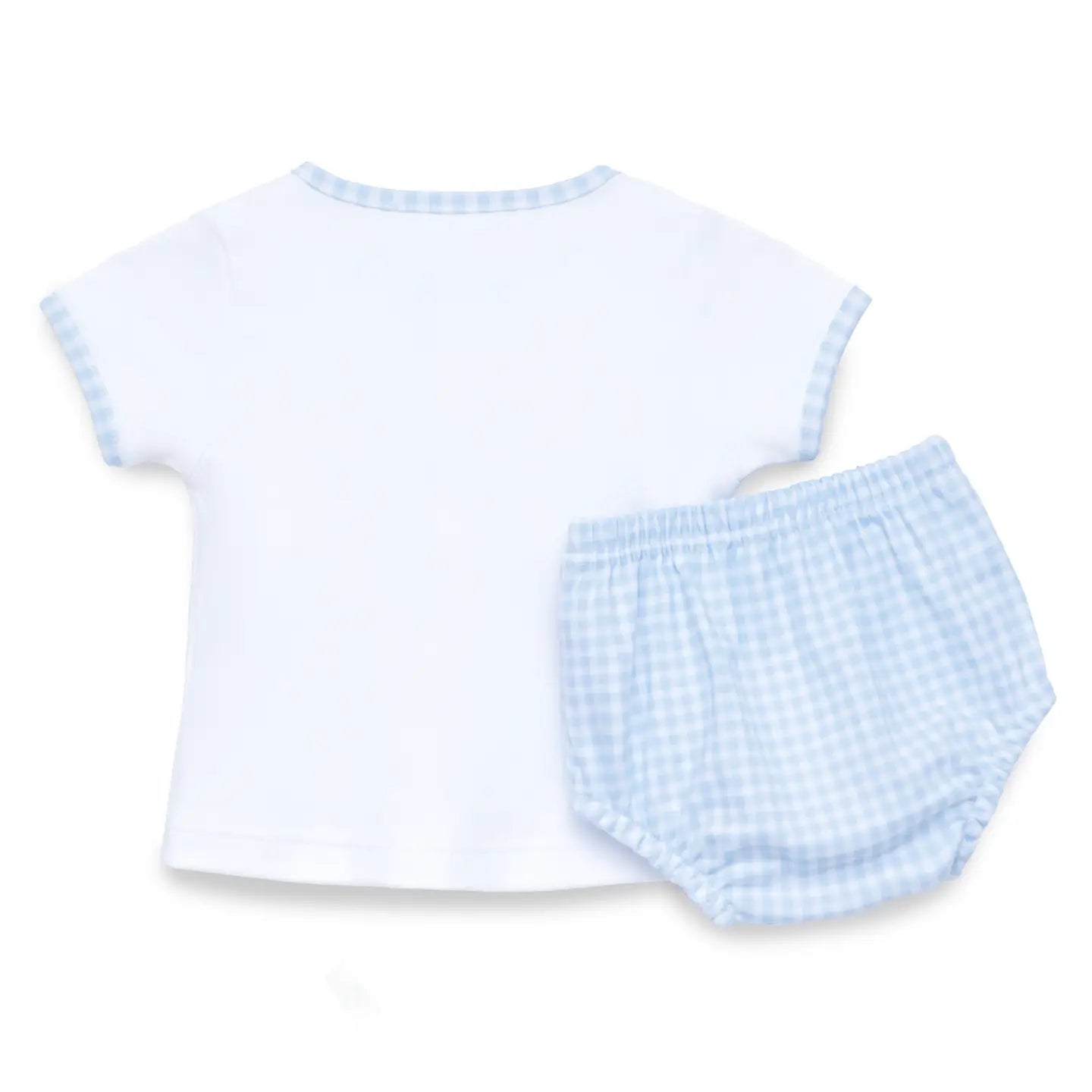 Baby outfit with white shirt and blue checkered shorts on a white background