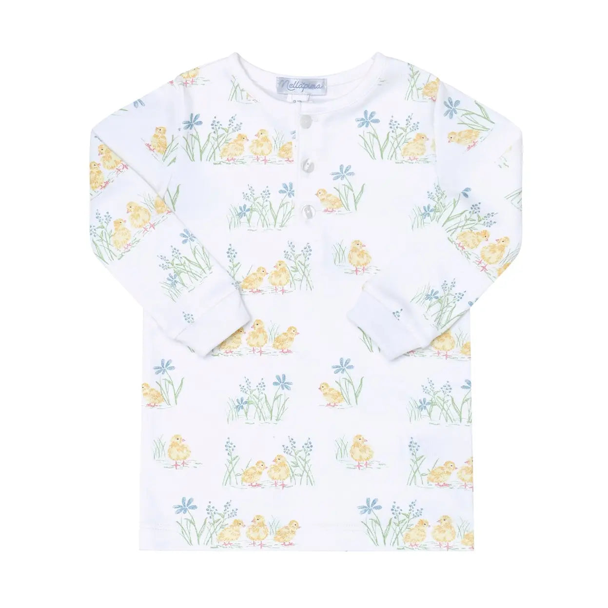 Baby outfit with duck and floral pattern on a white background