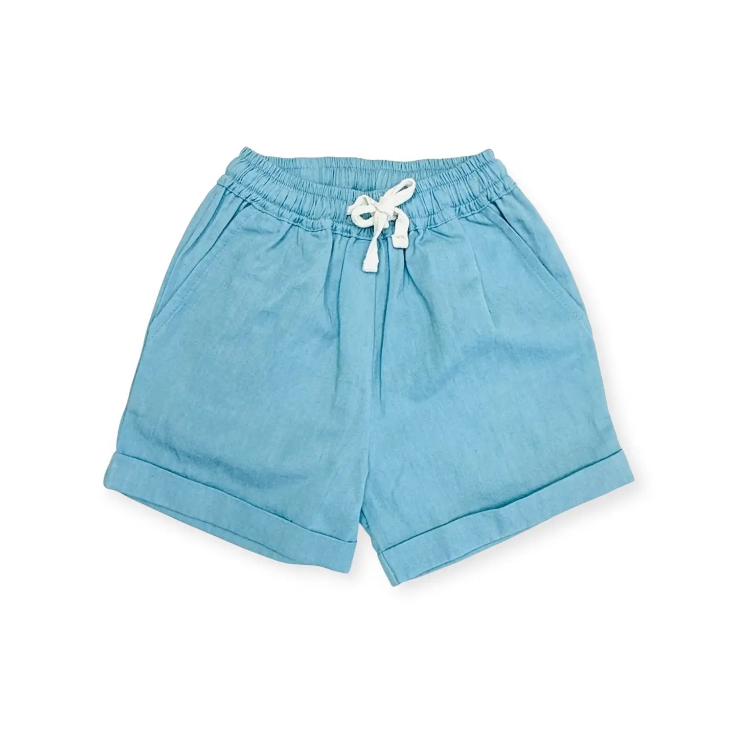 Light blue shorts with a drawstring on a white background