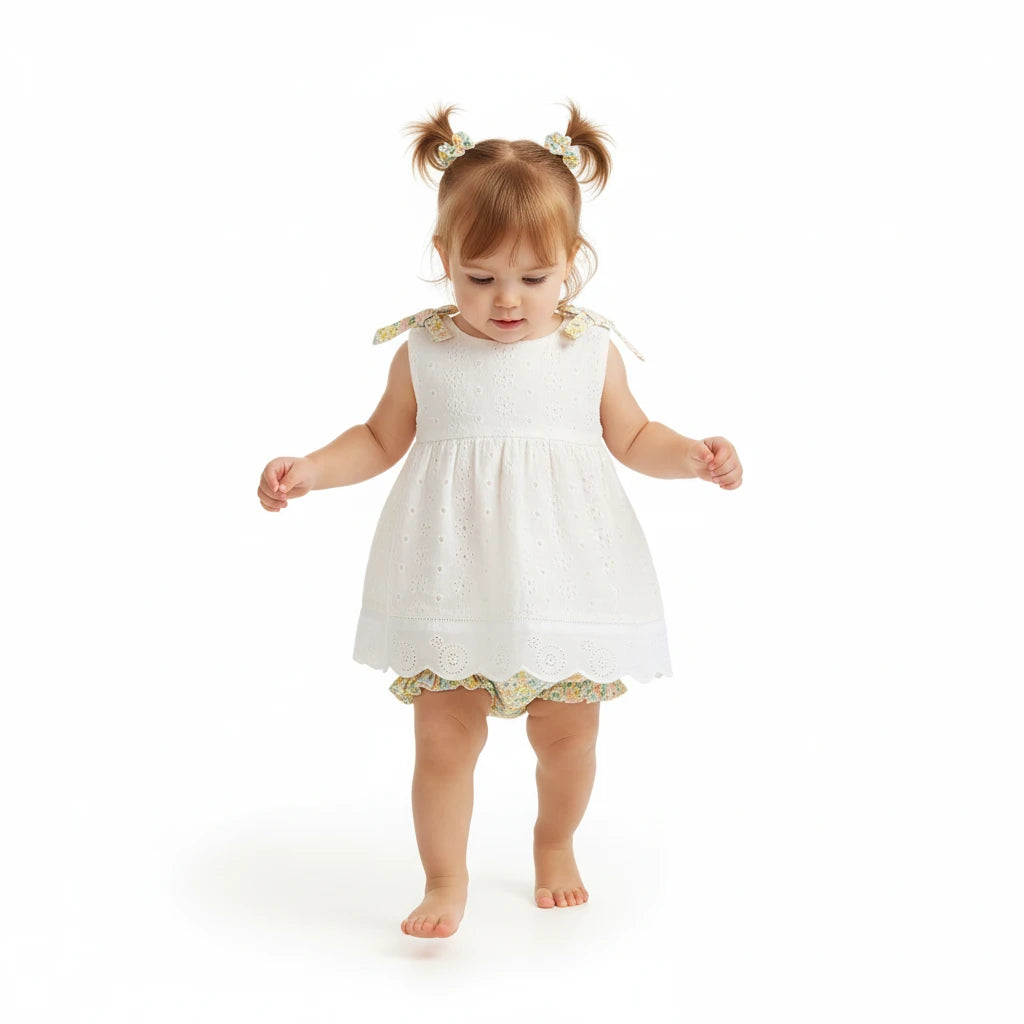Baby dress and bloomers set with floral details on a white background