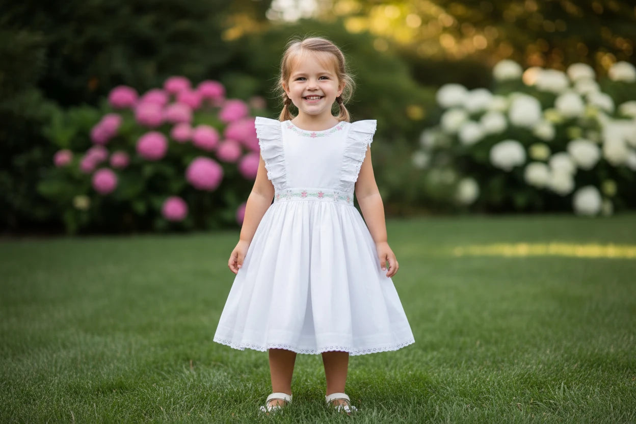 White dress with floral embroidery on a white background
