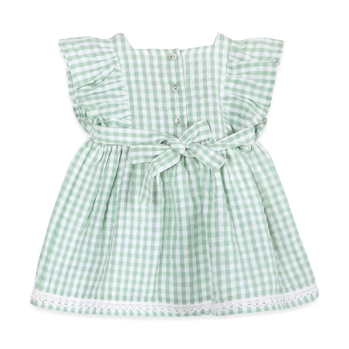 Green and white checkered dress with a bow on a white background
