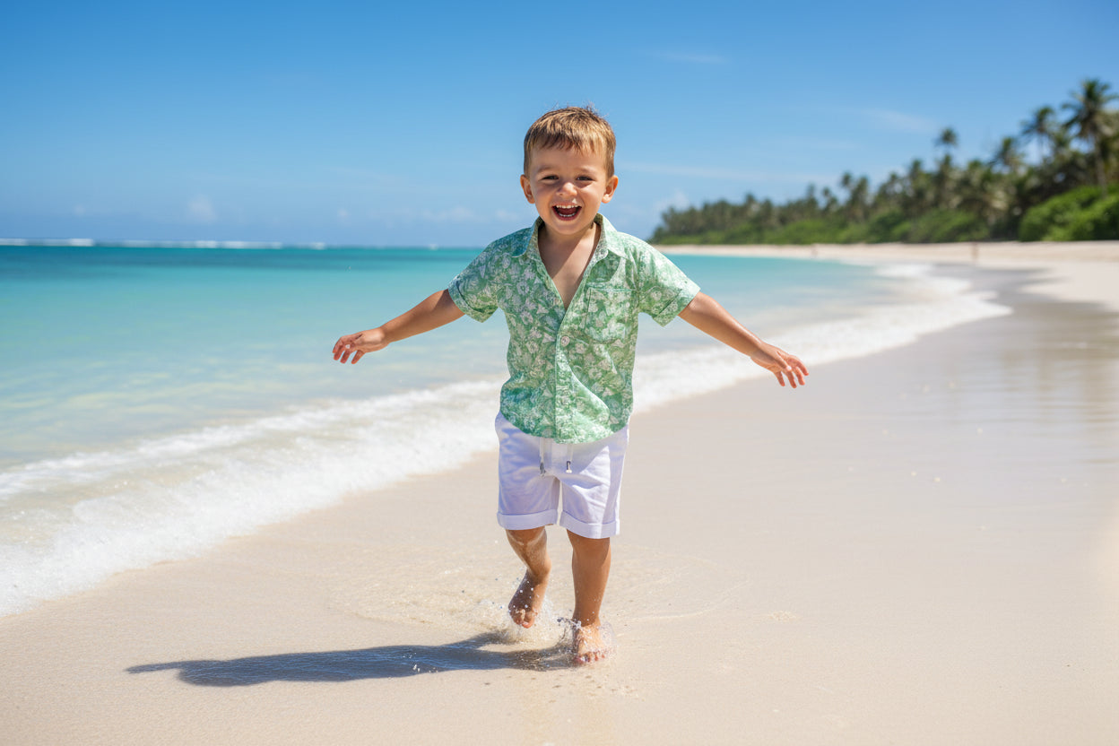 Green floral shirt and white shorts set on a white background