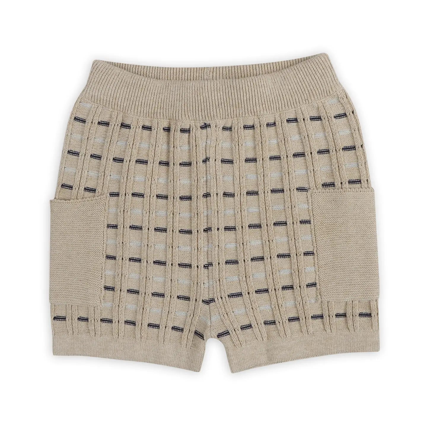 Beige shorts with a subtle pattern on a white background