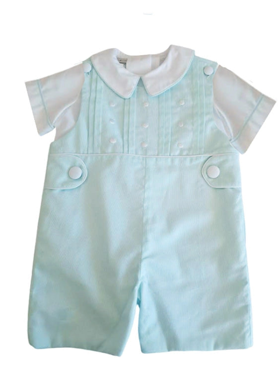 Light blue baby romper with white collar on a white background
