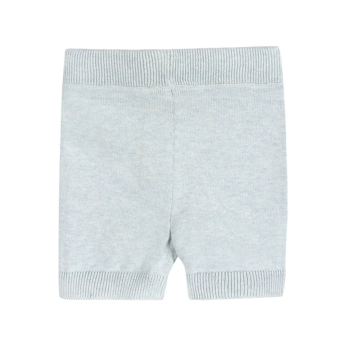 Light blue shorts with ribbed trim on a white background