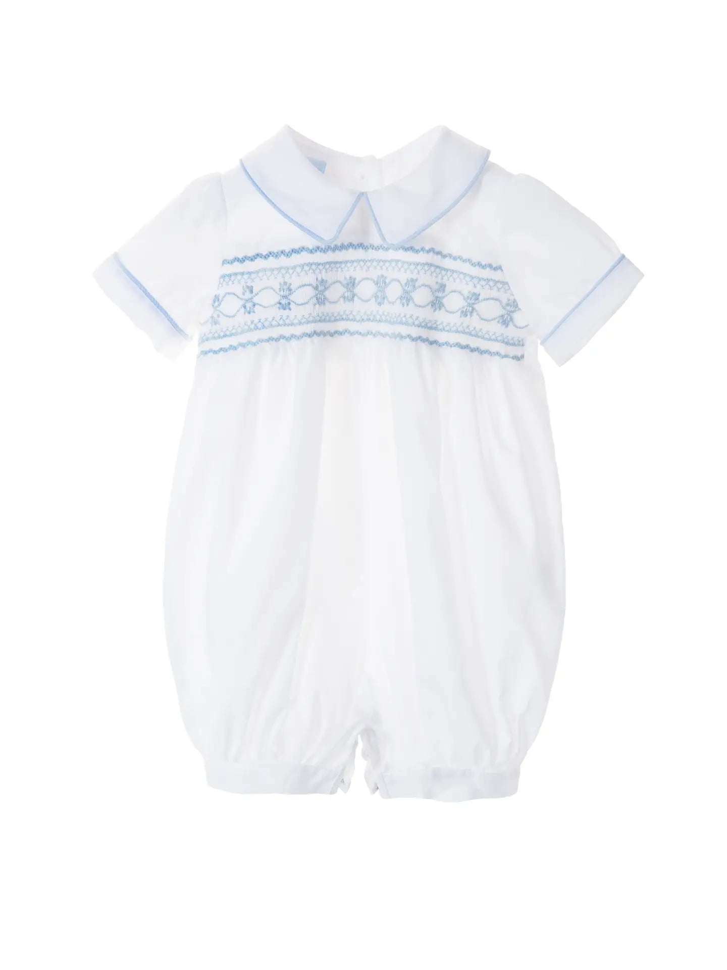 White baby romper with blue embroidery on a white background