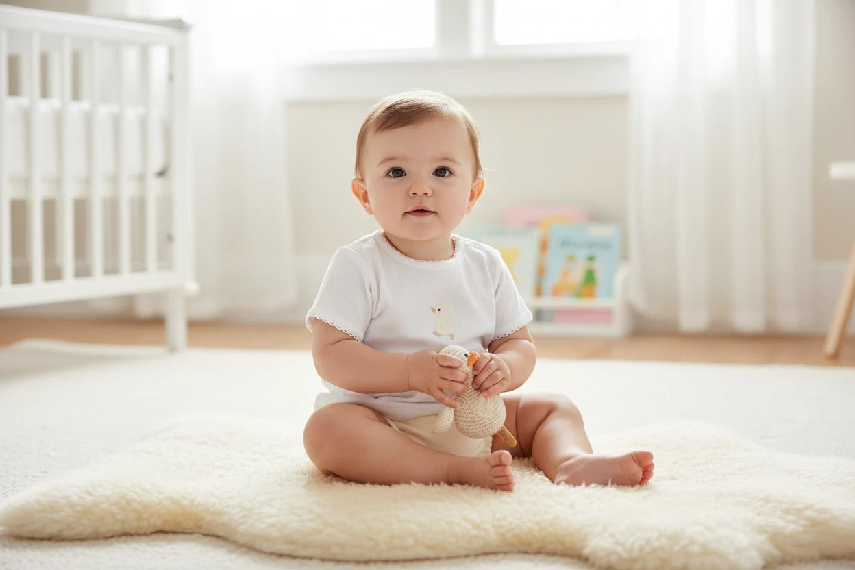 White t-shirt with a small design and cream shorts on a white background