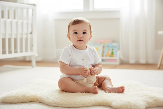 White t-shirt with a small design and cream shorts on a white background
