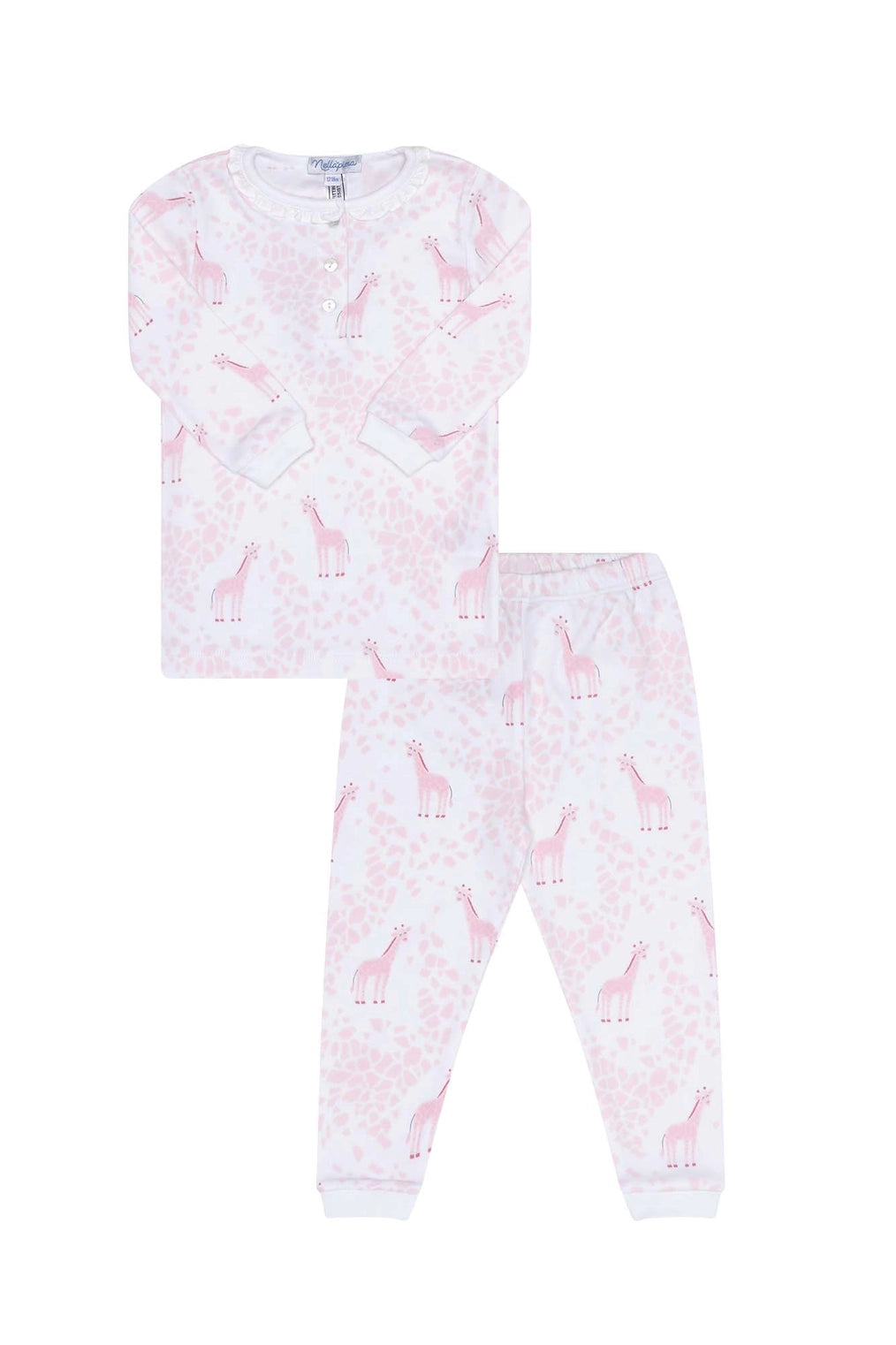 Children's pajama set with pink and white pattern on a white background