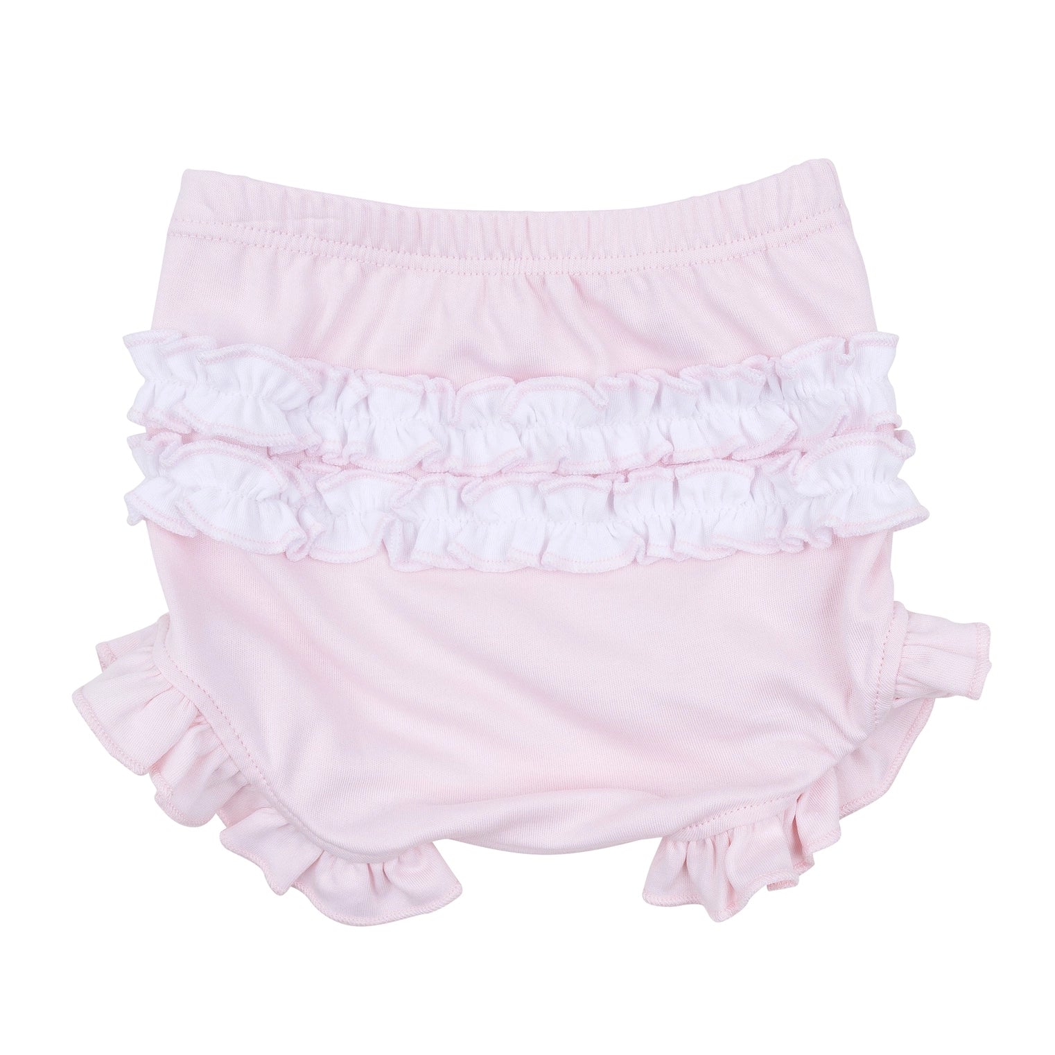 Pink baby bloomers with white ruffles on a white background