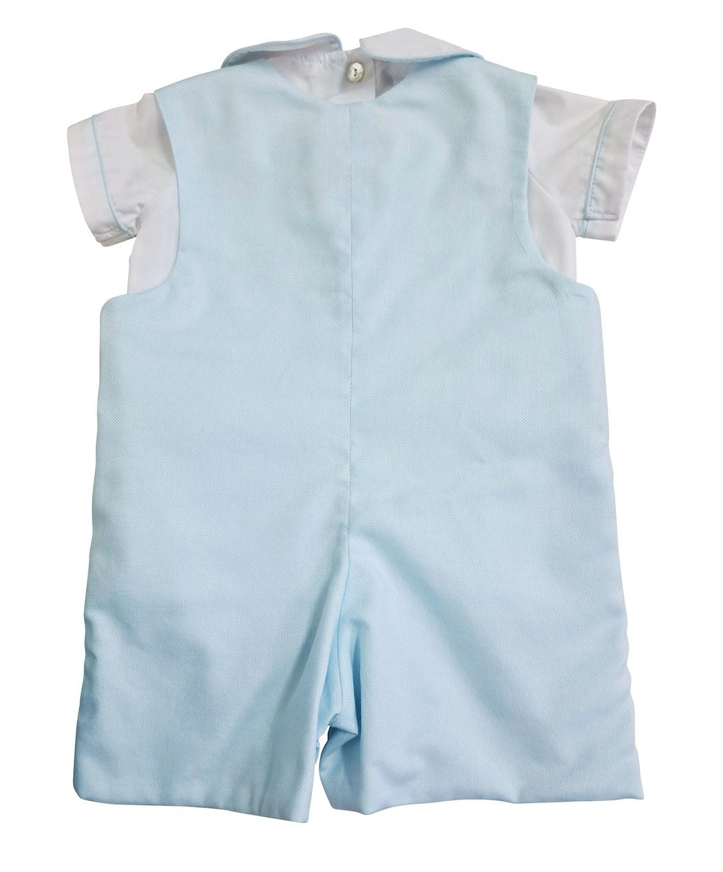 Light blue baby romper with white sleeves on a white background