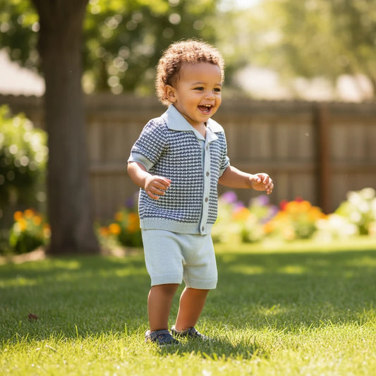 Children's outfit with patterned shirt and shorts on a white background