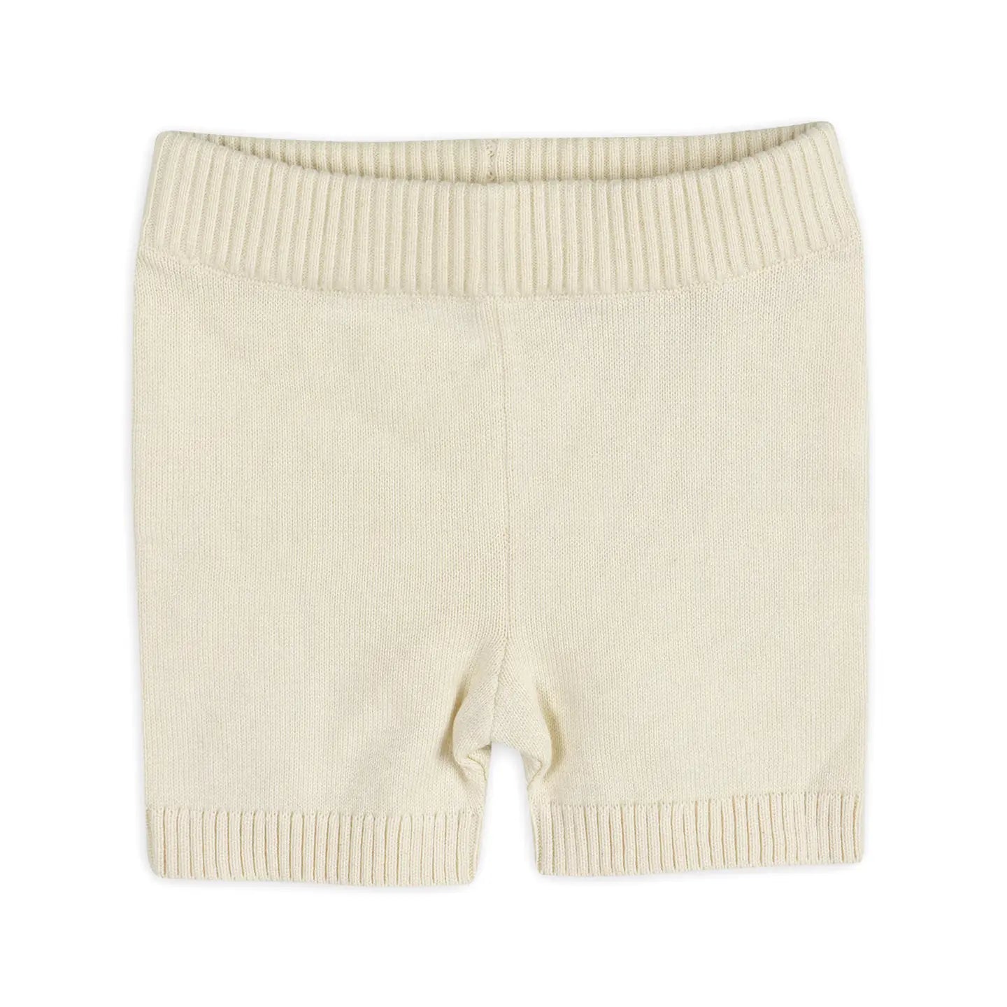 Beige ribbed knit shorts on a white background