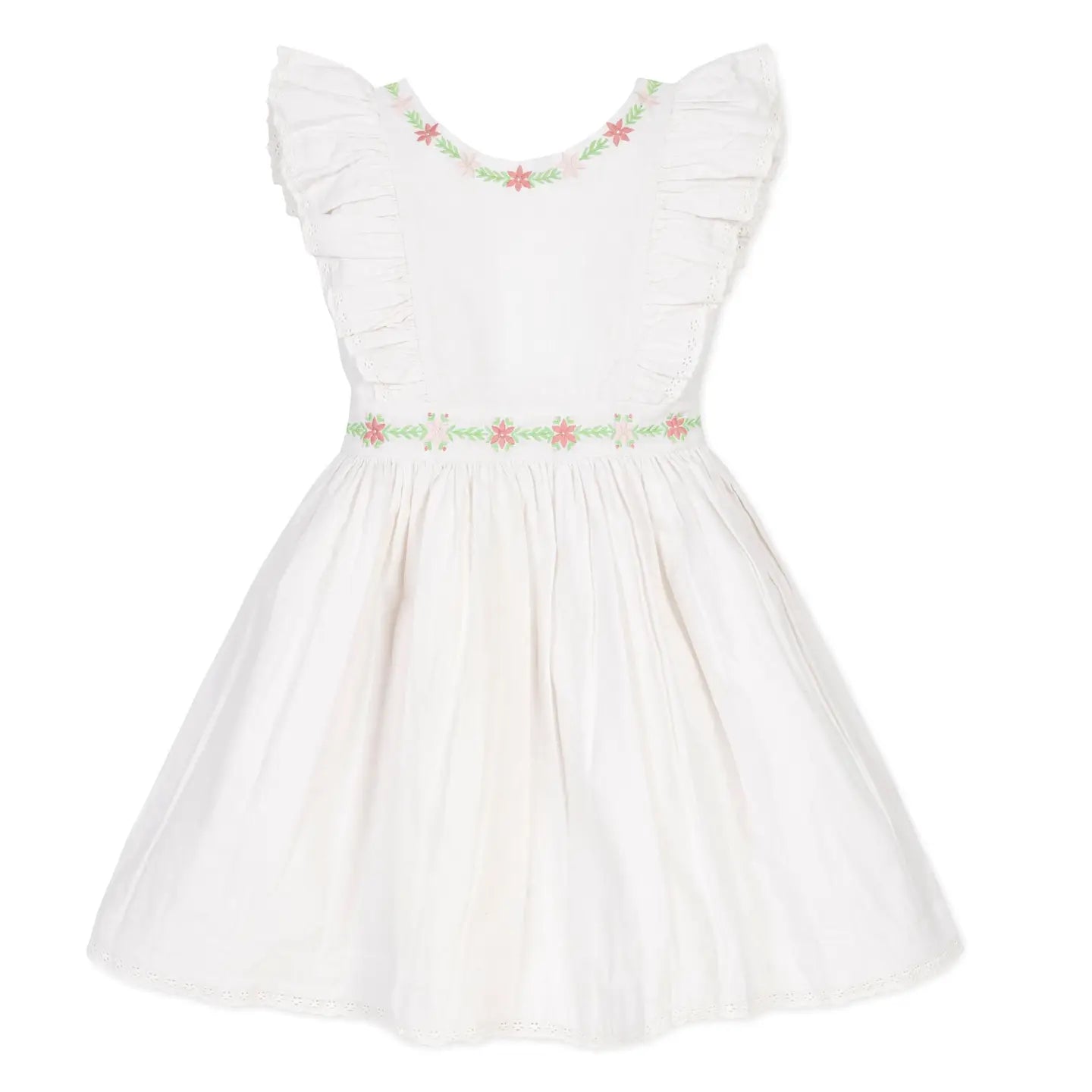 White dress with floral embroidery on a white background